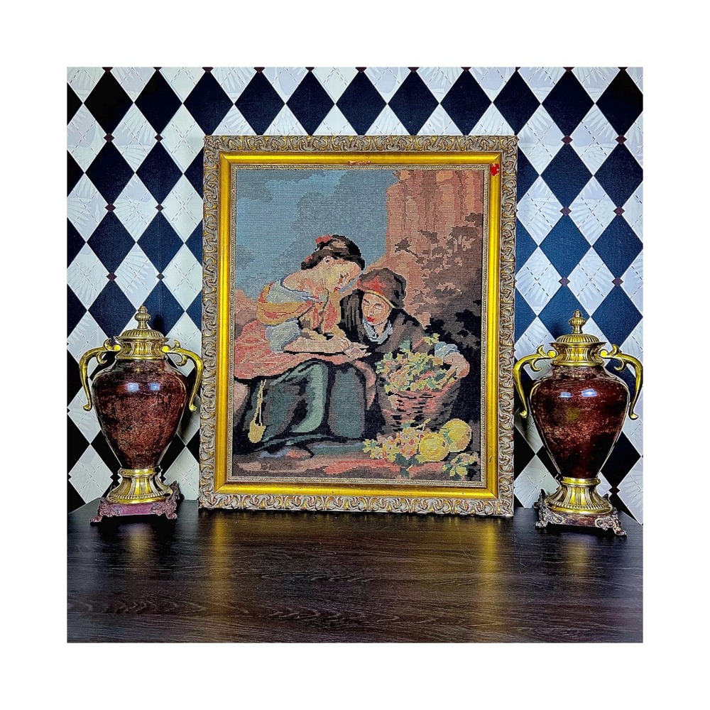 Large European Country Framed Needlepoint 30" Margot de Paris Murillo